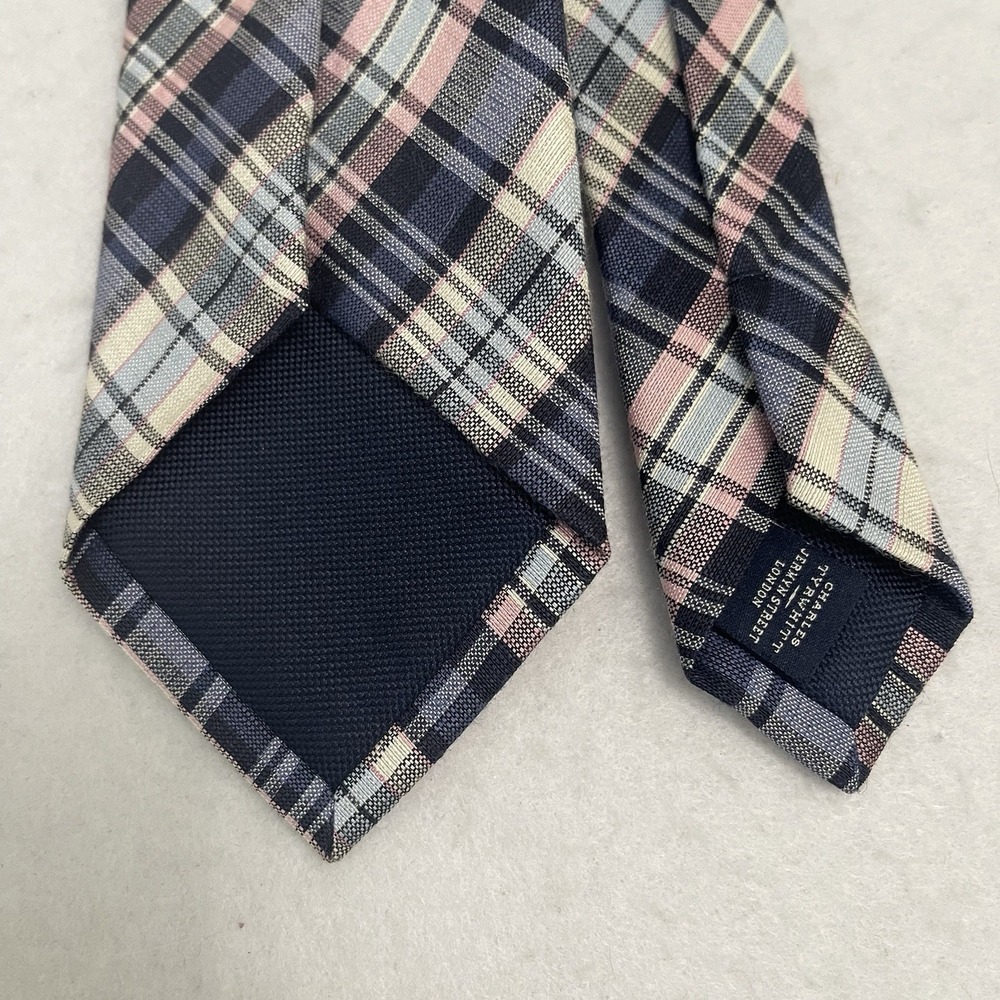 Charles Tyrwhitt Silk Linen Plaid Tie Men's Navy Pink Blue 3" Necktie NWOT